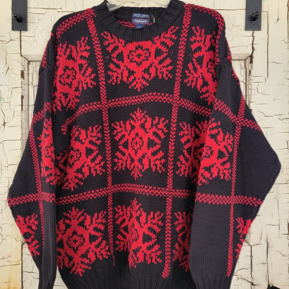 Vtg 90s Gant Men's Hand Knit Cotton Chunky Sweater Red Black Snowflake L Large